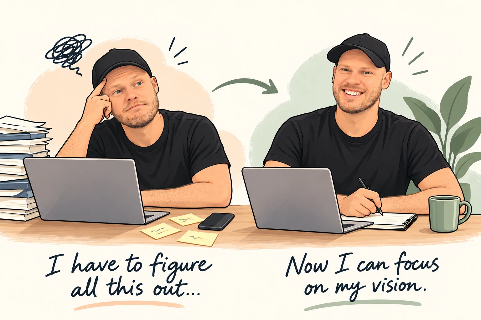 Caleb in his black cap: overwhelmed at his desk saying ‘I have to figure all this out…’, then organised and smiling: ‘Now I can focus on my vision.’